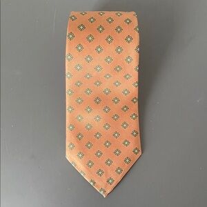 Aris Brown Silk Tie with Green and Cream Medallion Pattern